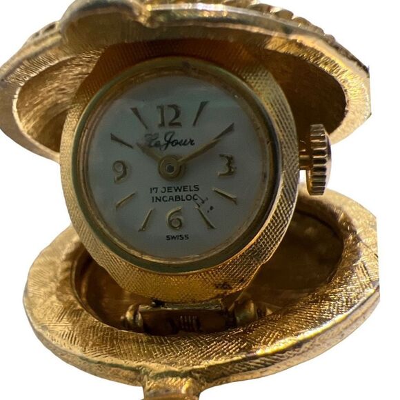 Vintage Working LeJour Pop Up Gold Floral Scene Pocket Watch 17 Jewels Incabloc - Picture 3 of 9